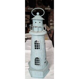 Rustic Light Blue Metal Lighthouse Candle Holder Lantern Coastal Nautical Beach